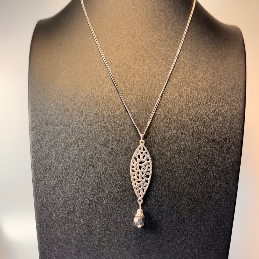 Filigree Marquise Pendant Necklace Silver Tone Boho Statement Whimsygoth Jewelry